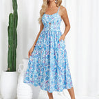 Robe longue bohème décontractée pour femme - Robe d'été à bretelles spaghetti smockée à volants avec poches, grande taille, vêtements bohèmes pour femme