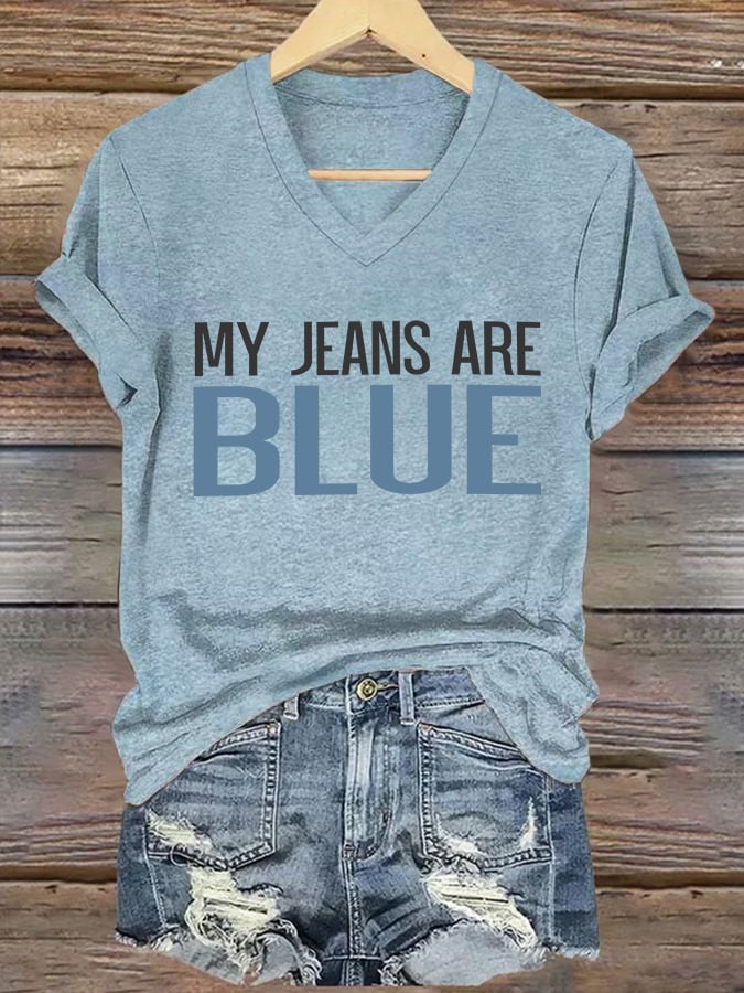 🔥Compra 3 e ottieni il 15% di sconto🔥T-shirt retrò con scollo a V stampa My Jeans Are Blue