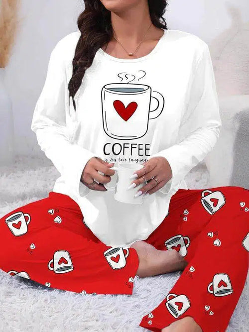 Pigiama da donna taglie forti in due pezzi con stampa di cuore e scritta "Coffee", comodo, con maglia a maniche lunghe e pantaloni, vestibilità casual, adatto a tutte le stagioni