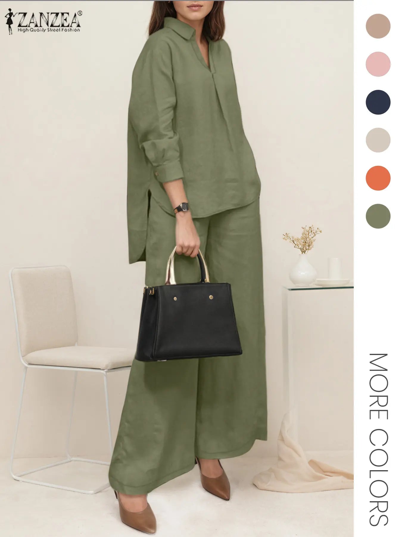 Ensemble deux pièces femme, haut et pantalon large de couleur unie, haut et pantalon décontractés à manches longues pour le quotidien, vêtements pour femmes pour toutes les saisons