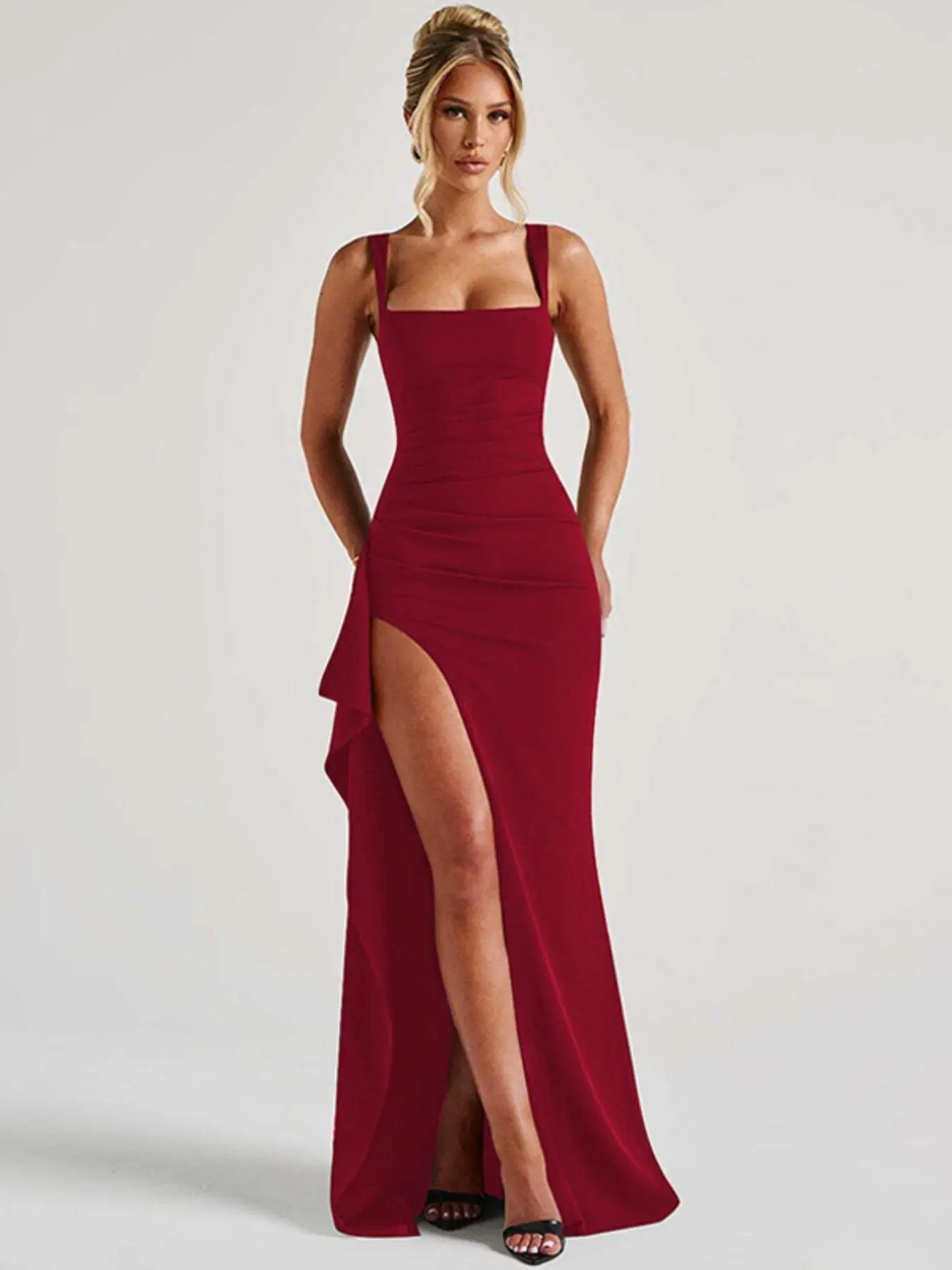 Abito da donna a tinta unita con spacco sulla coscia e senza schienale, elegante vestito sexy senza maniche per feste, club e appuntamenti, vestiti da donna per tutte le stagioni, abito sottoveste lungo fino al pavimento