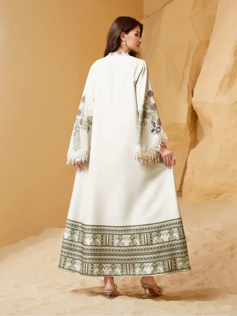 Abito lungo elegante da donna, vestibilità ampia con stampa etnica, design con lacci, adatto a tutte le stagioni, perfetto per serate ed eventi speciali