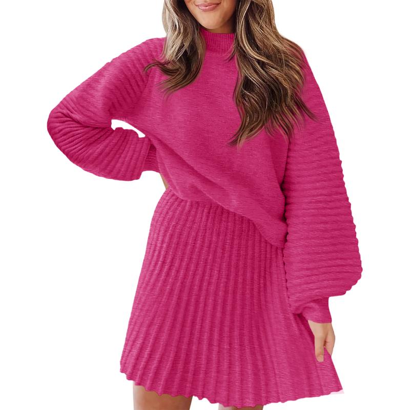 Ensembles 2 Pièces Femme 2025 Pulls Col Montant Manches Longues Côtelés et Mini-Jupe