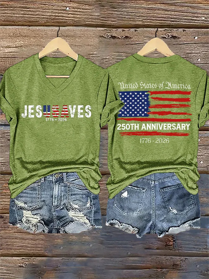 T-shirt con stampa scollo a V retrò "Gesù salva l'America" 250° anniversario 1776-2026
