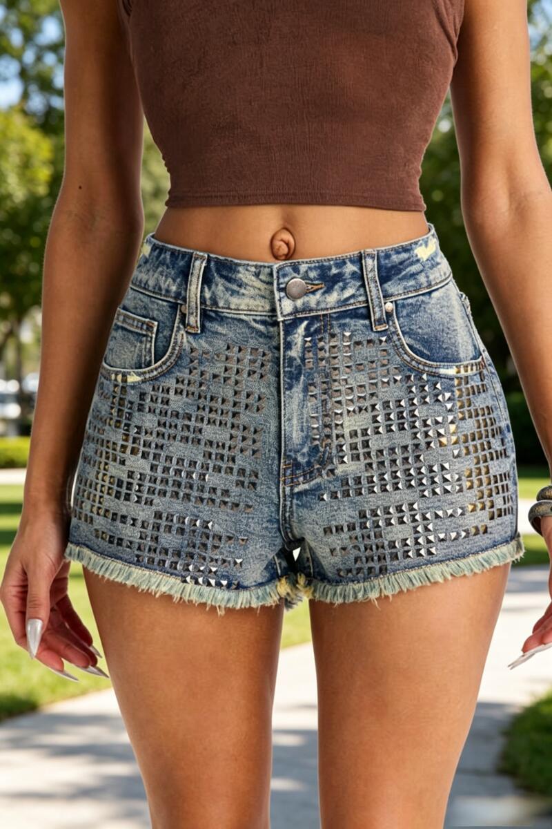 Short en jean délavé décontracté déchiré pour femme avec strass