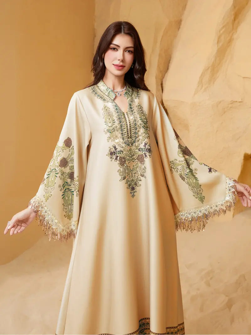 Abito lungo elegante da donna, vestibilità ampia con stampa etnica, design con lacci, adatto a tutte le stagioni, perfetto per serate ed eventi speciali