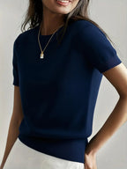 Pull en maille unie à col rond et manches courtes pour femme, tricot basique décontracté pour le printemps et l'automne, vêtements en tricot tendance pour femme pour le quotidien, prêt-à-porter féminin