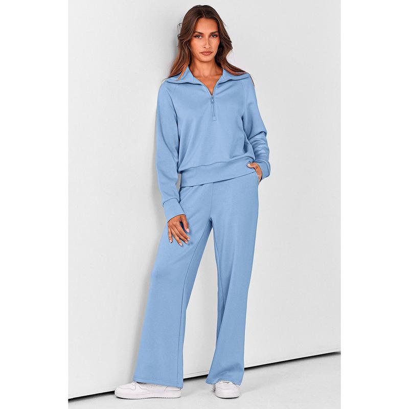 Ensemble de survêtement décontracté 2 pièces pour femme - Sweat-shirt à demi-zip et pantalon large avec cordon de serrage - Haut et pantalon de survêtement assortis pour le confort