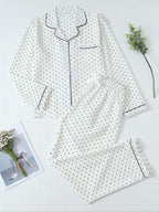Pigiama da donna a maniche lunghe a righe con stampa a fiocco, grazioso set con parte superiore abbottonata e pantaloni, abbigliamento casual per la casa per tutte le stagioni