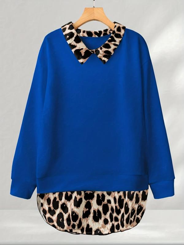 [Grande Taille] Sweat-shirt léopard à ourlet incurvé, sweat-shirt décontracté à manches longues pour l'automne et l'hiver, vêtements pour femmes pour un usage quotidien