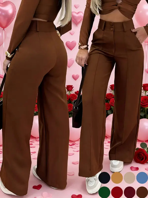 Pantalon large simple pour femme avec double boutonnage, pièce essentielle polyvalente pour les trajets quotidiens, élégante tenue de bureau