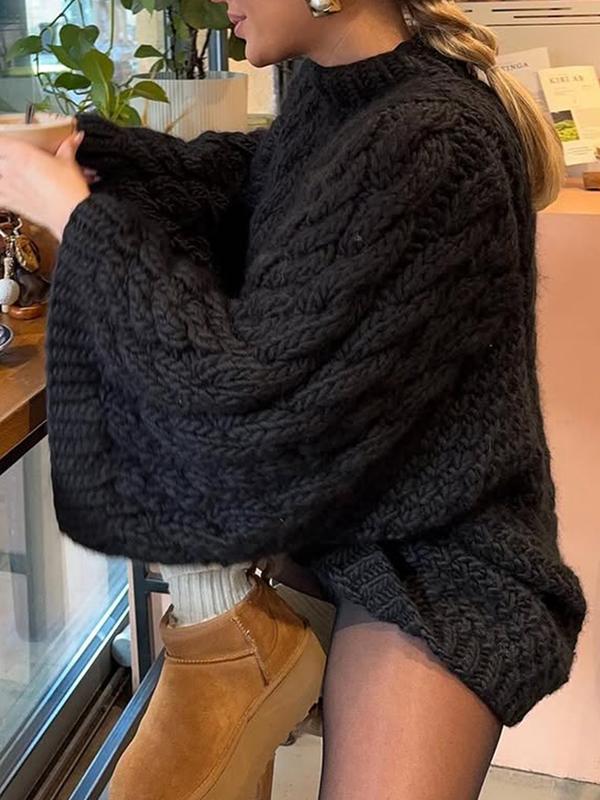 Pull décontracté ample pour femme, haut tricoté à manches longues et col rond, mode automne et hiver, usage quotidien, tricot de couleur unie