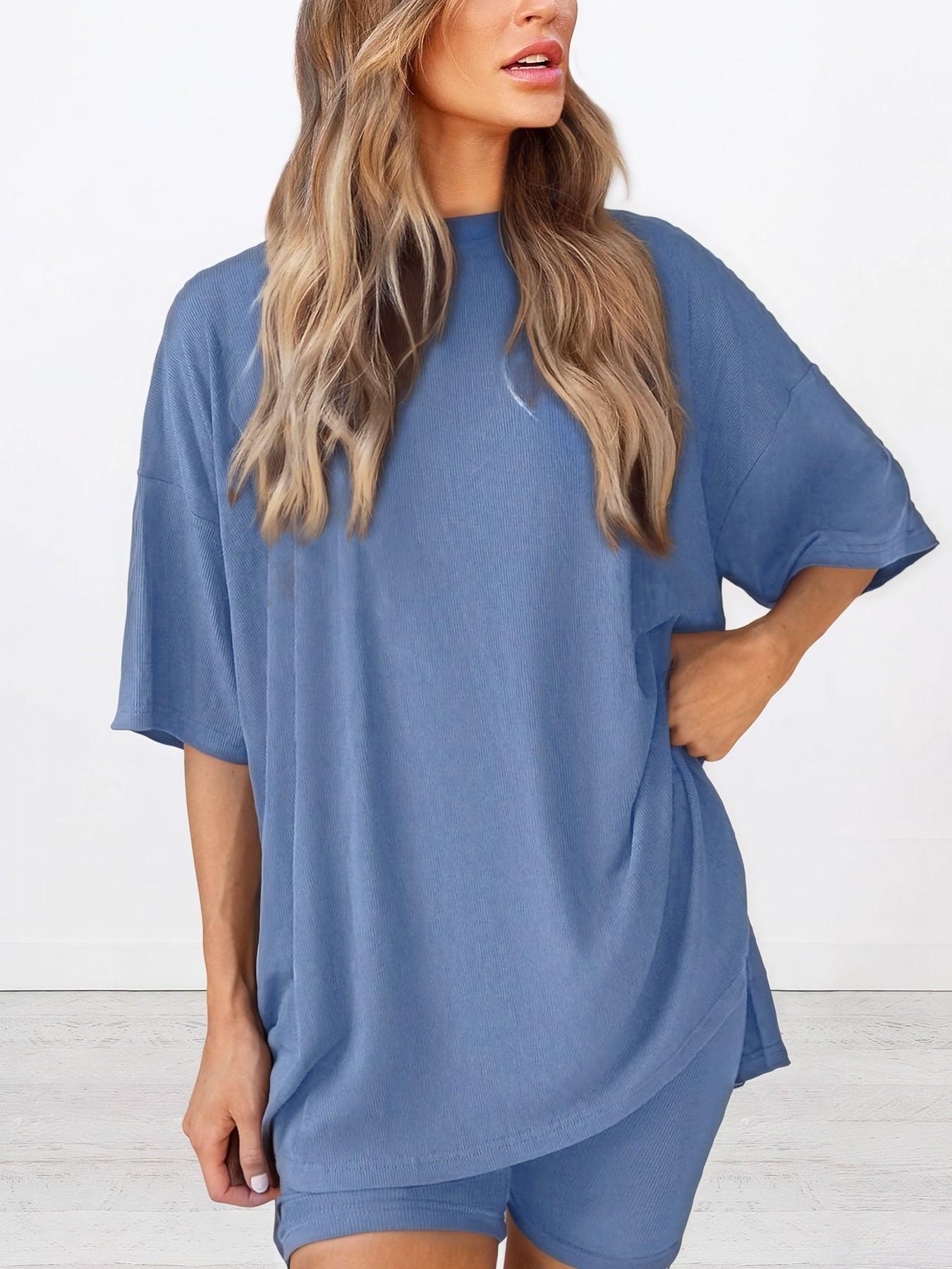 Ensemble T-shirt uni et short moulant pour femme, vêtement de nuit décontracté d'été à col rond, confortable, avec poches, pour l'extérieur