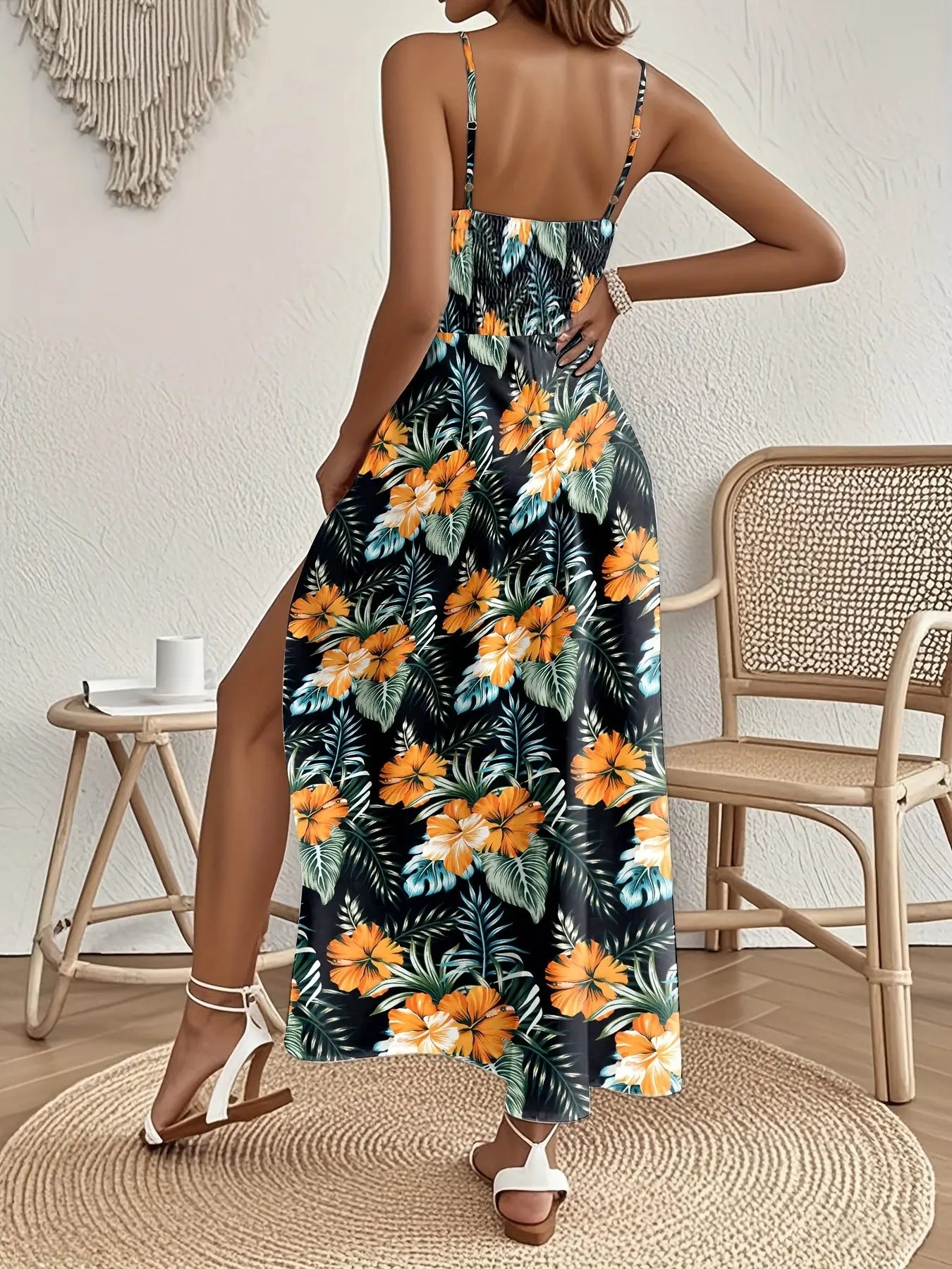 Robe longue de plage pour femmes, col en V, sans manches, imprimé tropical, bohème, avec fente latérale haute
