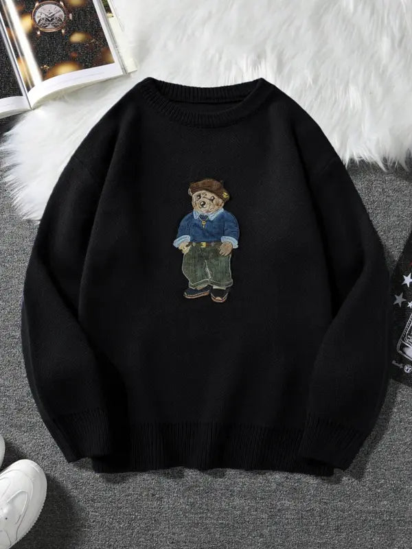 Maglione girocollo unisex con stampa orsetto dei cartoni animati, maglione casual ampio a maniche lunghe per autunno e inverno, maglieria moda da donna per l'uso quotidiano