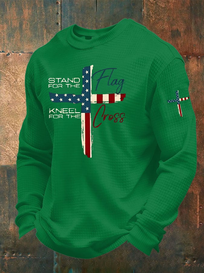 Maglietta a maniche lunghe da uomo con trama a nido d'ape "Stand For The Flag Kneel For The Cross"