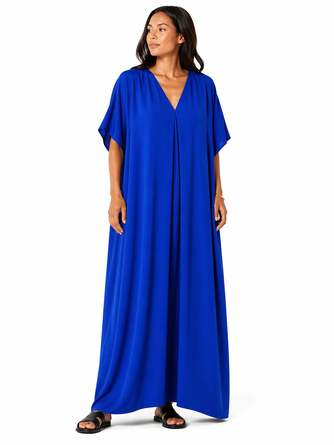 Robe longue, ample et fluide à col en V pour femme – chic et confortable pour l'été.