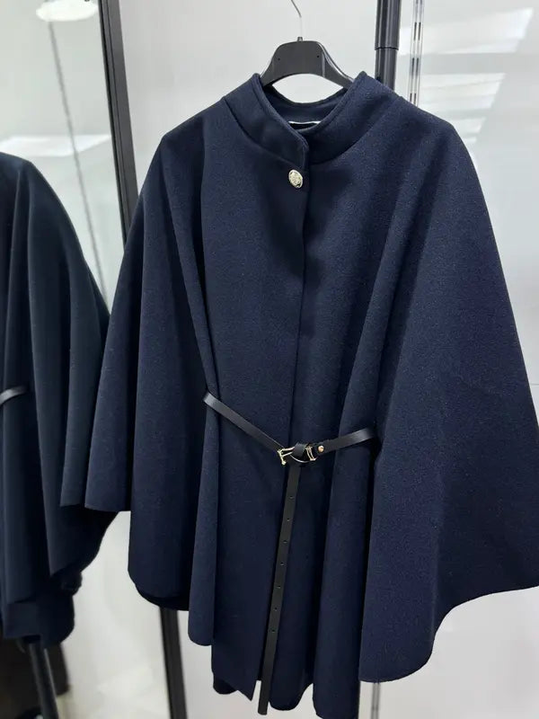 Manteau cape en laine ceinturé à boucle unie pour femme