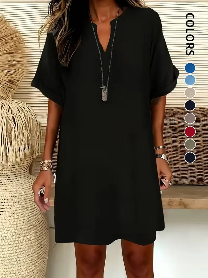 Vestito Midi da Donna a Maniche Corte con Scollo a V, Vestito Casual Chic con Spalle Scivolate e Linea ad A per l'Estate, Vestito Comodo ed Elegante