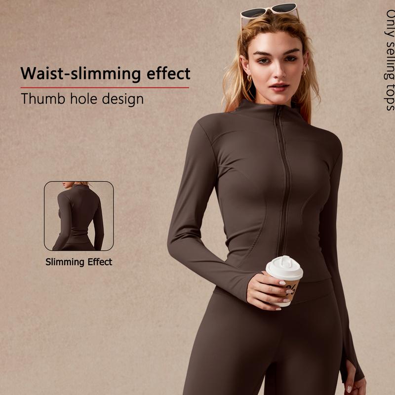 Giacca sportiva da donna con zip intera, maniche lunghe, vestibilità aderente, tessuto elasticizzato ad asciugatura rapida con fori per i pollici per corsa, yoga, palestra, allenamento, abbigliamento sportivo