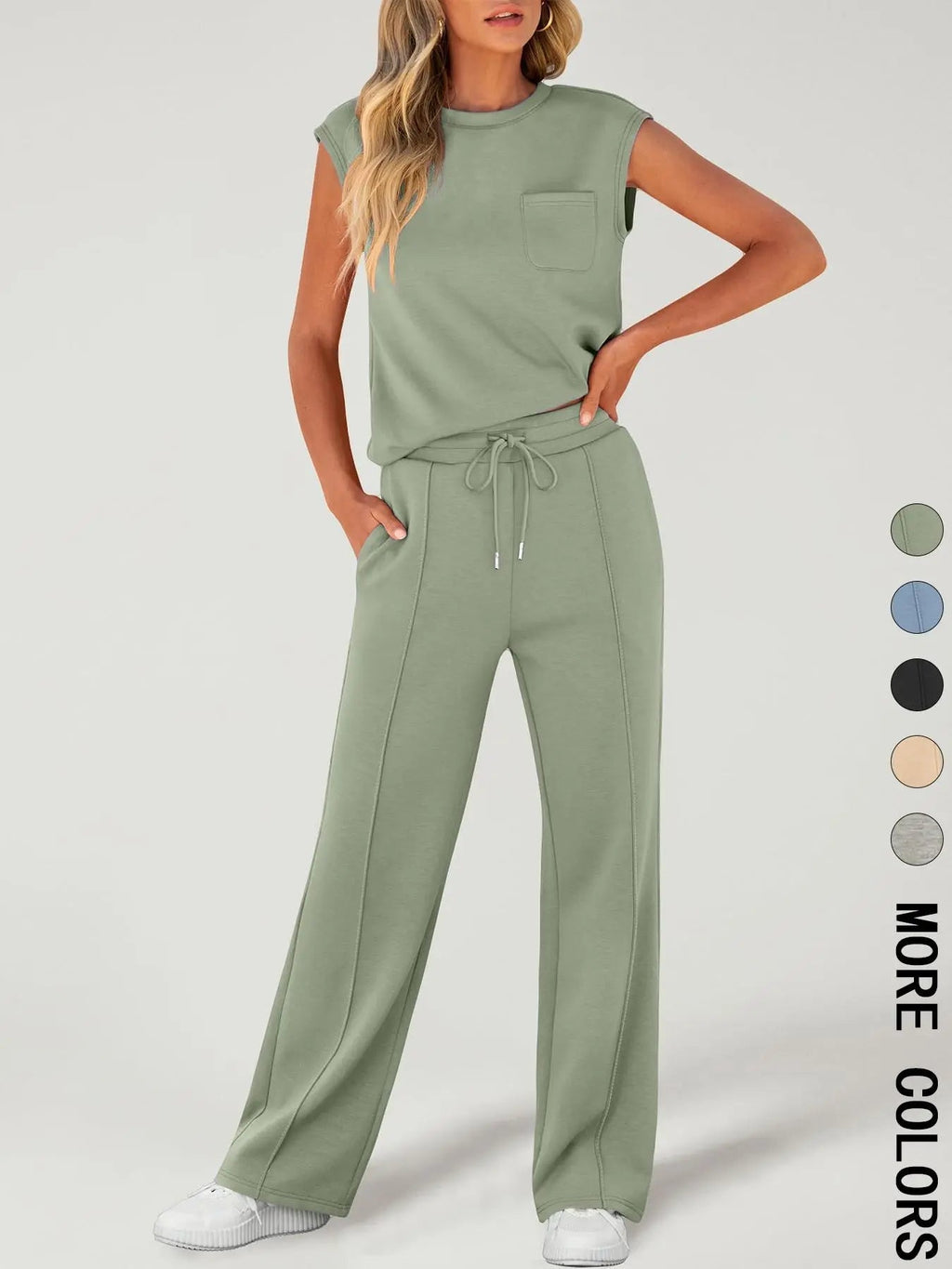 Completo da Donna due pezzi con Canotta Tinta Unita e Pantaloni con Coulisse in vita, Top Casual Senza Maniche con Scollo Rotondo e Pantaloni per l'Uso Quotidiano, Completi da Donna due pezzi per Tutte le Stagioni