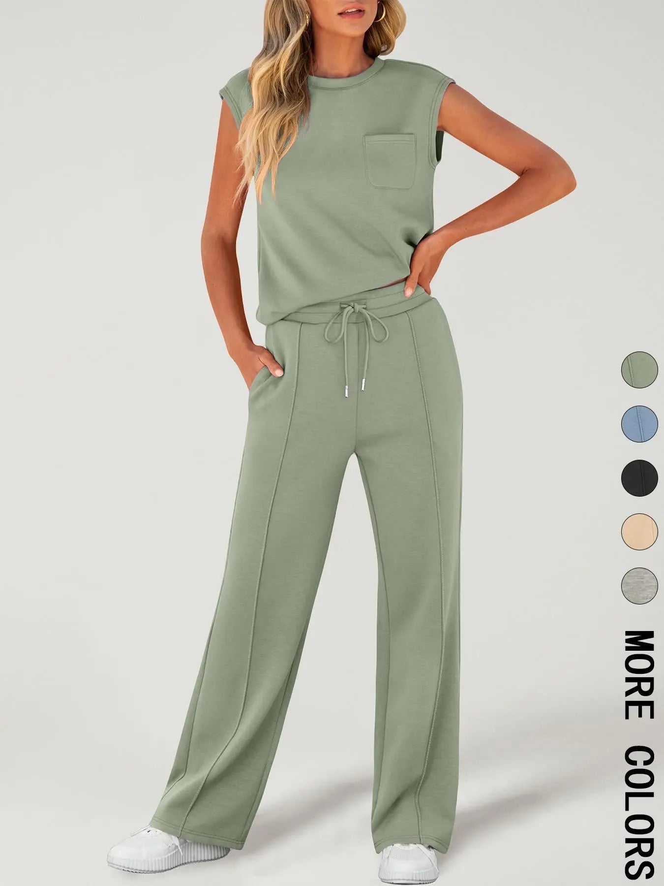 Completo da Donna due pezzi con Canotta Tinta Unita e Pantaloni con Coulisse in vita, Top Casual Senza Maniche con Scollo Rotondo e Pantaloni per l'Uso Quotidiano, Completi da Donna due pezzi per Tutte le Stagioni