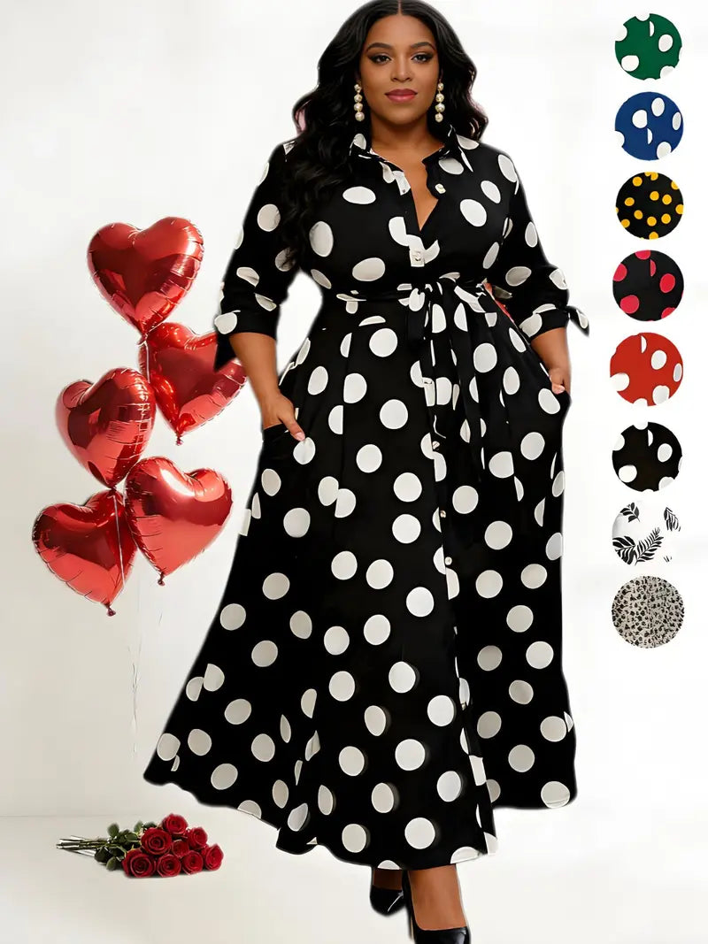 Abito a camicia a pois taglie forti con cintura e bottoni frontali