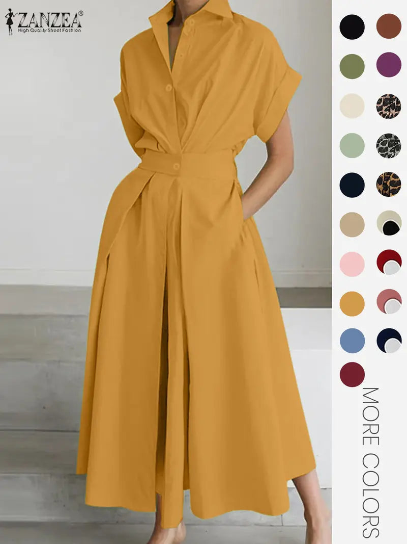 Robe unie à col pour femme, robe décontractée à manches courtes pour l'été, vêtements pour femmes pour le quotidien