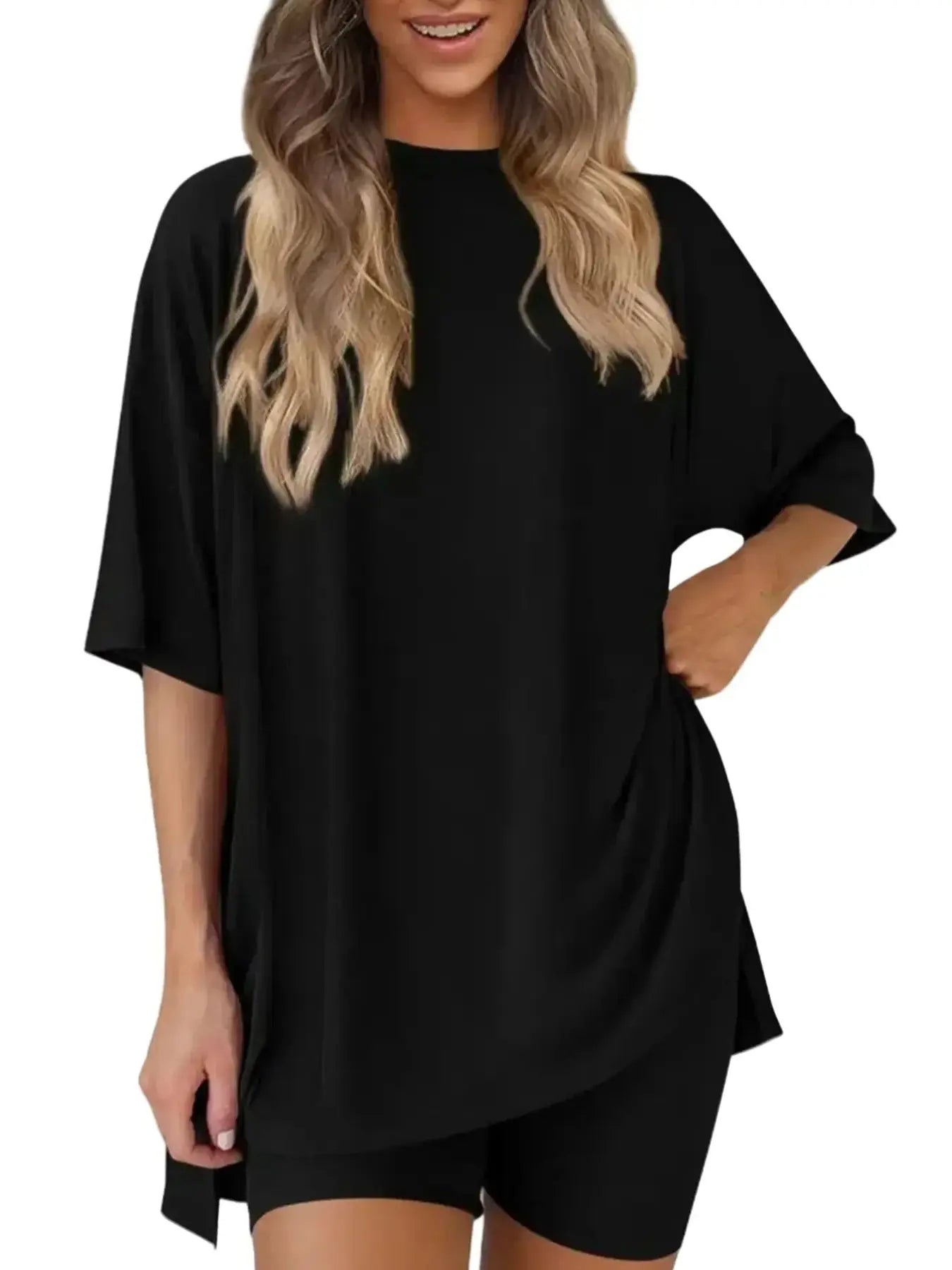 Ensemble T-shirt uni et short moulant pour femme, vêtement de nuit décontracté d'été à col rond, confortable, avec poches, pour l'extérieur