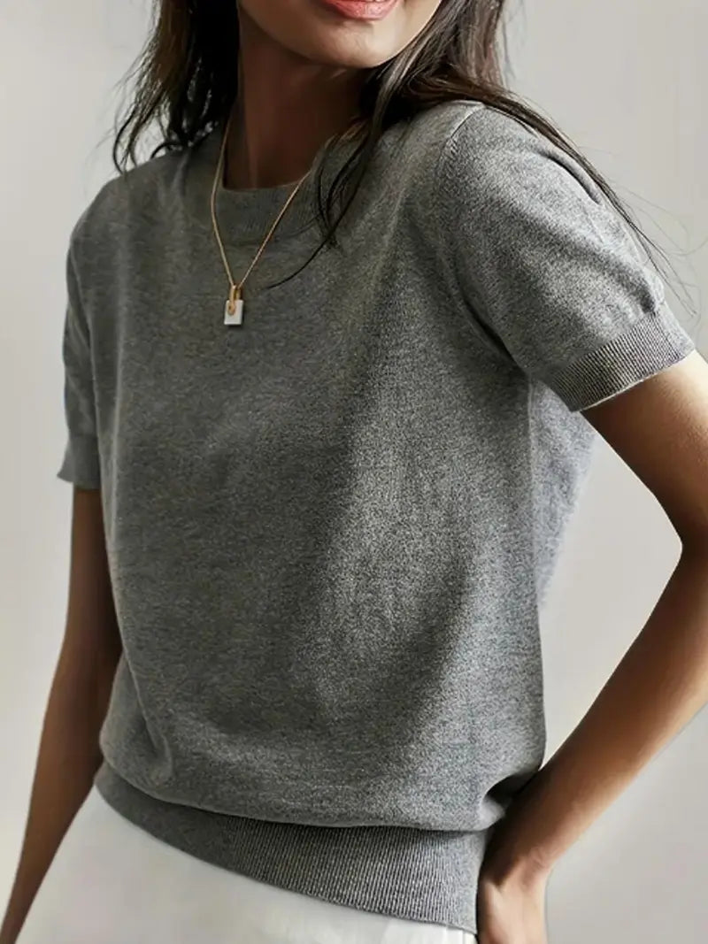 Pull en maille unie à col rond et manches courtes pour femme, tricot basique décontracté pour le printemps et l'automne, vêtements en tricot tendance pour femme pour le quotidien, prêt-à-porter féminin