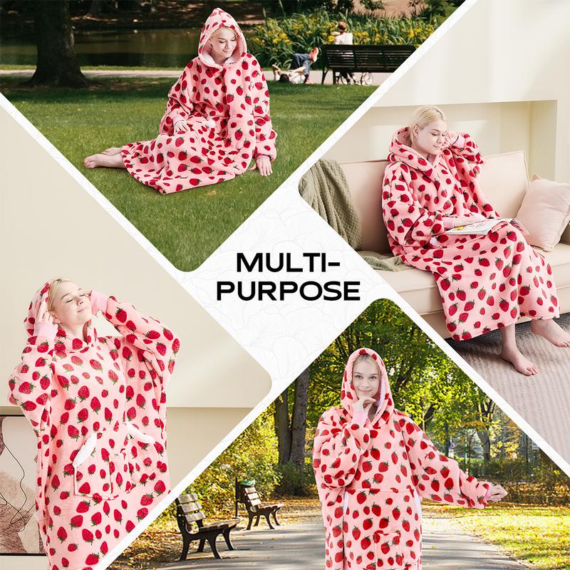 Coperta Indossabile con Cappuccio Oversize in Pile Sherpa, Felpa con Cappuccio con Maniche, Coperta con Cappuccio Accogliente e Gigante Extra Lunga per Adulti Donna Regalo Invernale (Fragola)