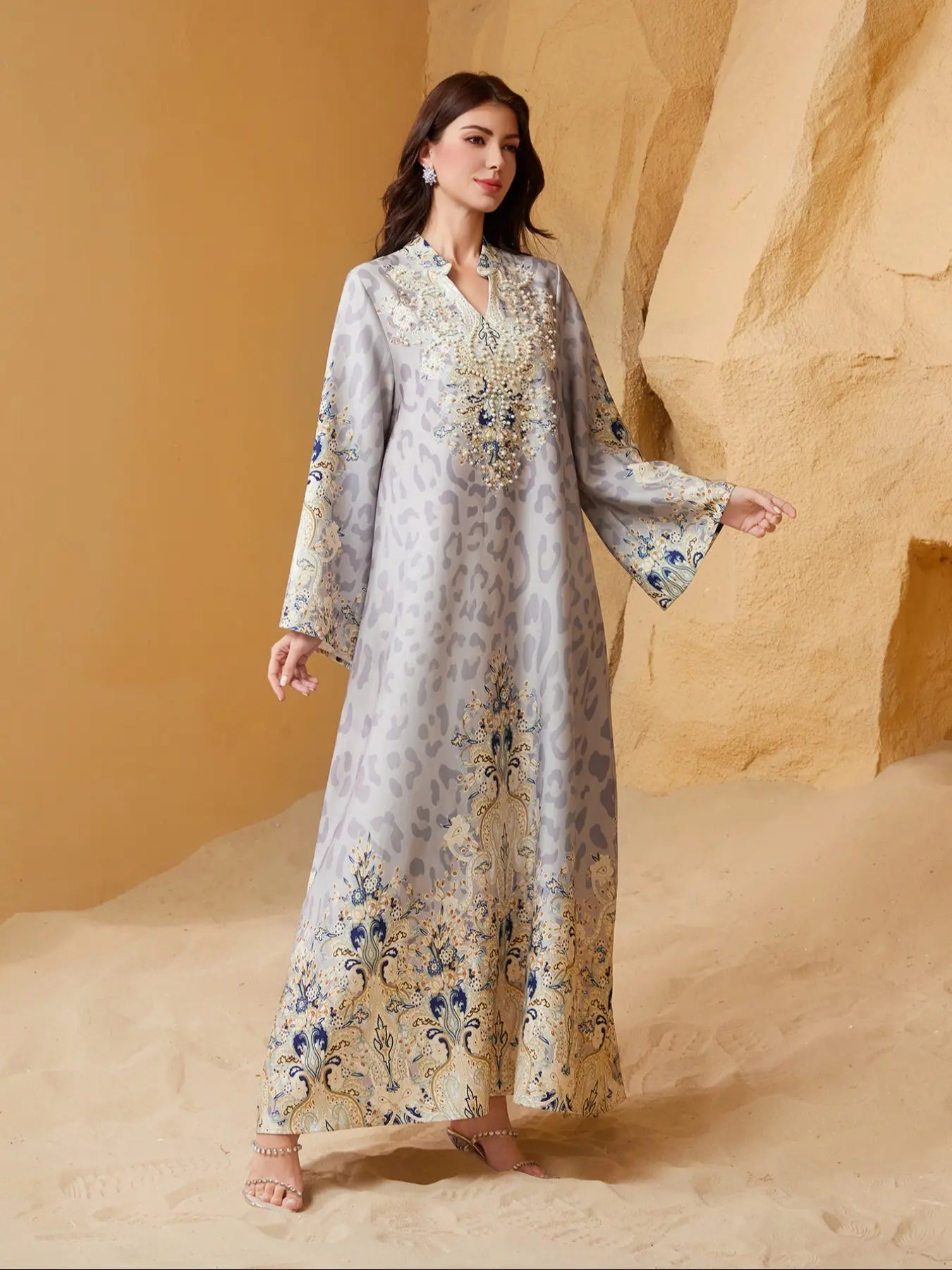 Abito lungo tradizionale da donna con motivo etnico e decorazioni in perle finte, abito lungo boho a maniche lunghe con scollo rotondo per vacanze, cerimonie, matrimoni, abbigliamento musulmano da donna per tutte le stagioni