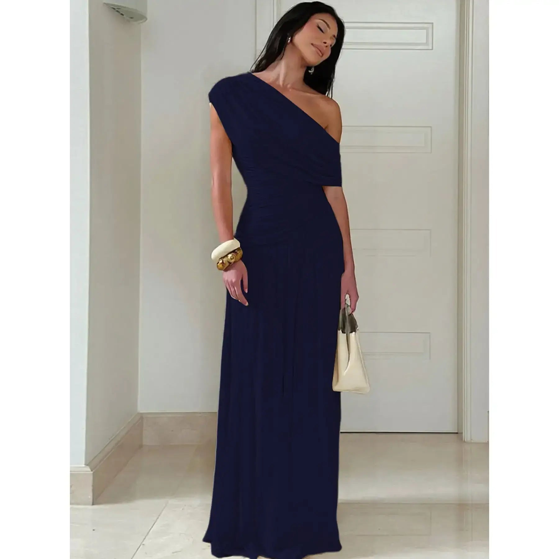 Abito da donna in tinta unita con arricciature, Abito elegante da sera per feste, Abito estivo da donna, Abito asimmetrico con arricciature
