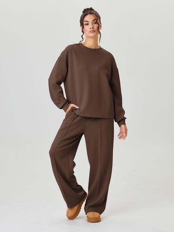 Ensemble décontracté femme, haut ample uni à manches longues et pantalon à surpiqûres apparentes
