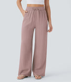 Pantalon ample taille haute en lin avec cordon de serrage et grandes poches