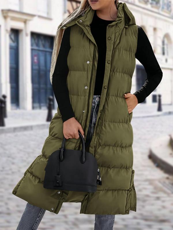 Gilet long matelassé pour femme avec capuche matelassée et fermeture boutonnée pour manteau d'hiver 2025 - Hauts, Vêtements pour femmes