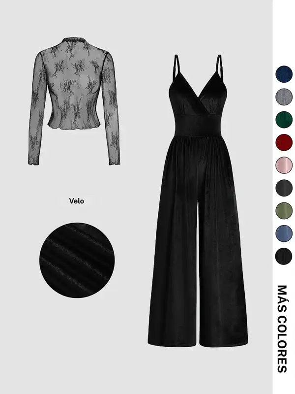 Ensemble deux pièces combishort et tee-shirt en dentelle de couleur unie pour femme, ensemble élégant et décontracté avec combishort dos zippé et haut à manches longues pour le quotidien et l'extérieur, vêtements pour femme pour le printemps et l'automne