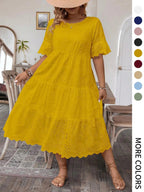 [Grande Taille] Robe unie avec broderie œillets, Robe bohème à col rond pour les vacances et le quotidien – Vêtements d'été pour femmes