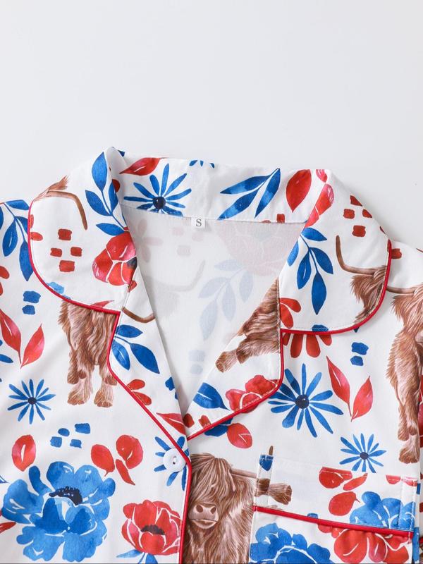 Ensemble de Pyjama Deux Pièces pour Femme, Motif Floral et Vache, Haut et Short à Manches Courtes, Décontracté et Confortable