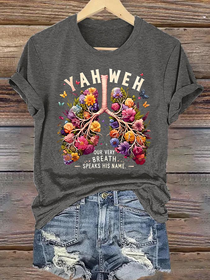 Women'S Casual Short-Sleeve T-Shirt With Lung Cancer Awareness Print "Every Breath Is Connected To Faith"