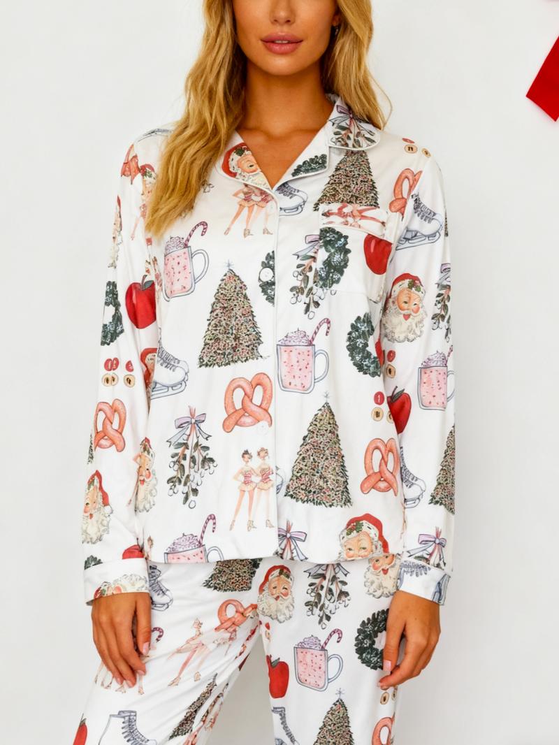 Pyjama de Noël pour femme, ensemble chemise de nuit à revers boutonnée à manches longues et pantalon ample confortable, vêtements de nuit décontractés imprimés sur toute la surface