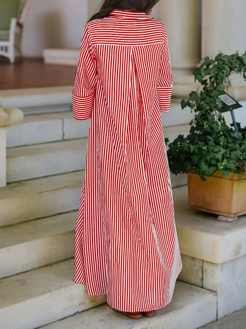 Elegante Abito Camicia Donna Sciolto a Righe con Colletto e Bottoni sul Davanti