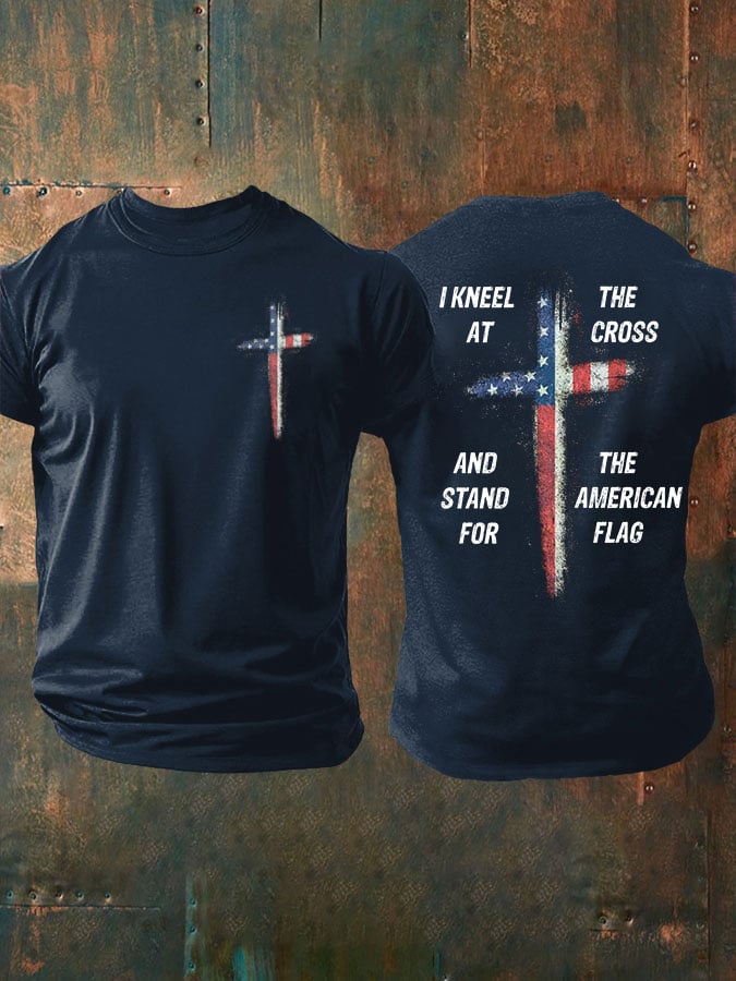🔥Compra 3 e ottieni il 15% di sconto🔥T-shirt casual da uomo con stampa "Stand For The Flag Kneel For The Cross"