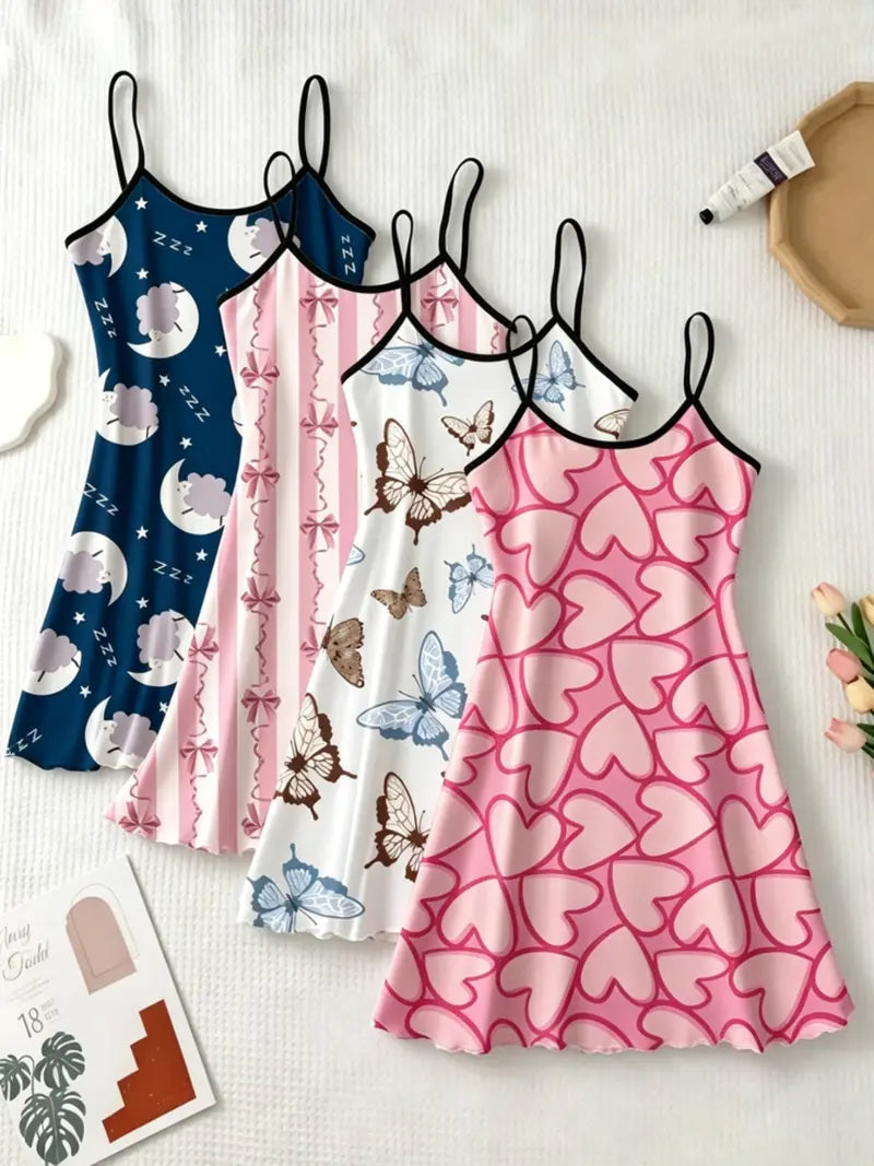 Chemisette de nuit à imprimé intégral pour femme, robe de nuit décontractée douce et confortable à fines bretelles pour toutes les saisons, vêtement de nuit pour femme pour l'intérieur, robe de nuit respirante