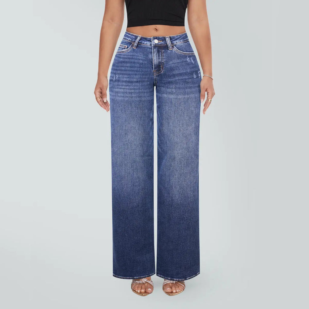 Magic SHAPUM Jeans BBL da Donna a Vita Media-Bassa, Gamba Larga, Vestibilità Comoda, Elasticizzati, in Denim, NERI, in Denim Elasticizzato, Gamba Larga, Jeans Larghi