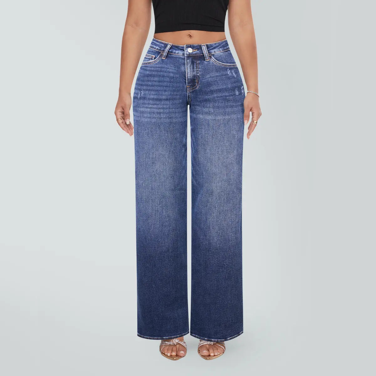 Magic SHAPUM Jeans BBL da Donna a Vita Media-Bassa, Gamba Larga, Vestibilità Comoda, Elasticizzati, in Denim, NERI, in Denim Elasticizzato, Gamba Larga, Jeans Larghi