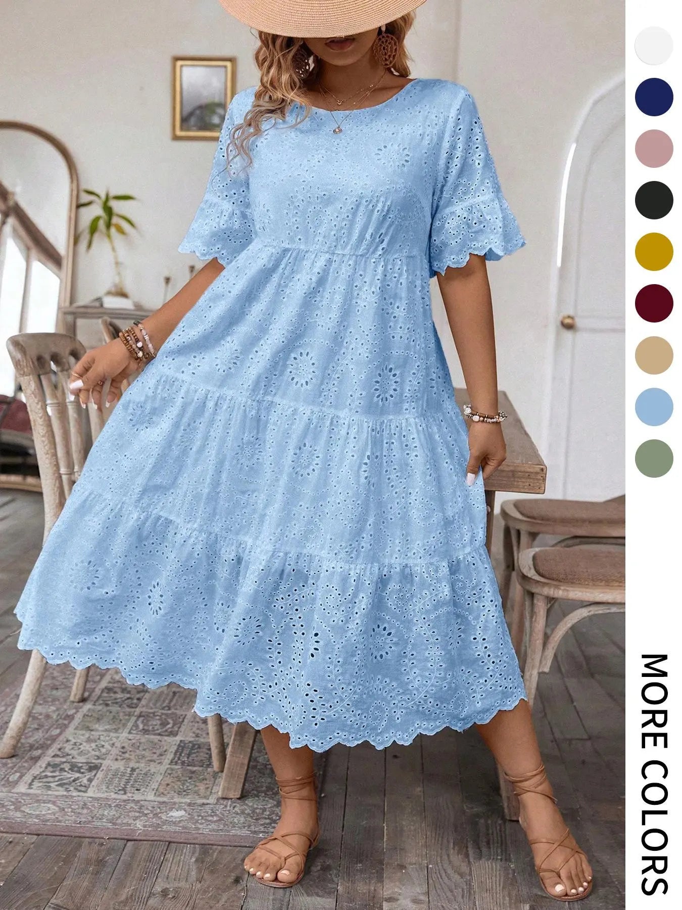 [Grande Taille] Robe unie avec broderie œillets, Robe bohème à col rond pour les vacances et le quotidien – Vêtements d'été pour femmes