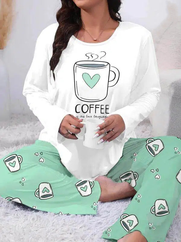 Ensemble de pyjama 2 pièces grande taille confortable avec impression cœur et lettres, haut à manches longues et pantalon, vêtements de nuit décontractés pour toutes les saisons