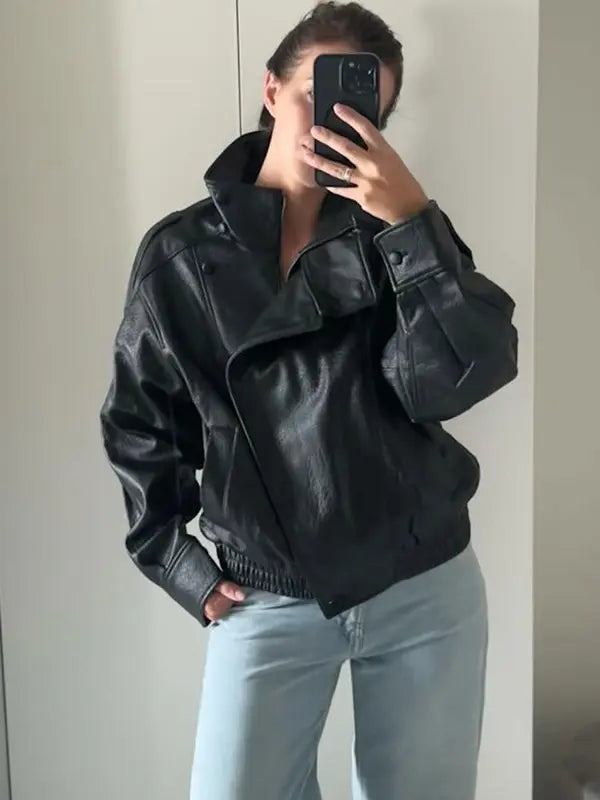 Giacca in Ecopelle Nera Collo Coreana Oversize Stile Moto Biker Orlo Elasticizzato Streetwear Casual Maniche Lunghe Impermeabile Antivento Capispalla per Primavera & Autunno, Abbigliamento Donna per Tutti i Giorni