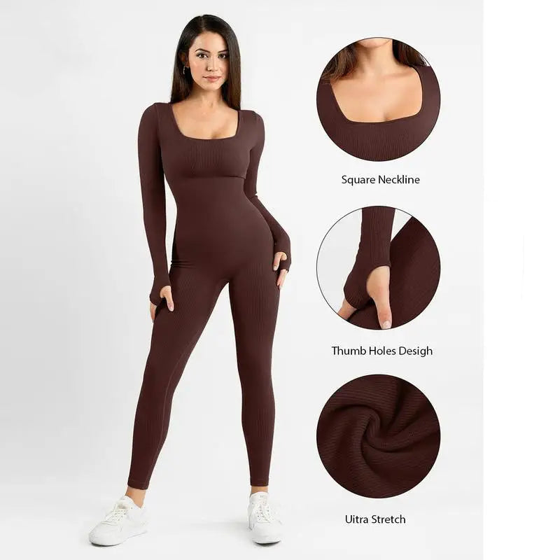 Combinaison de Yoga Sans Couture à Manches Longues et Col en U pour Femme, Combinaison Unie pour Tenue Quotidienne en Extérieur, Vêtements de Sport Simples avec Trous pour les Pouces